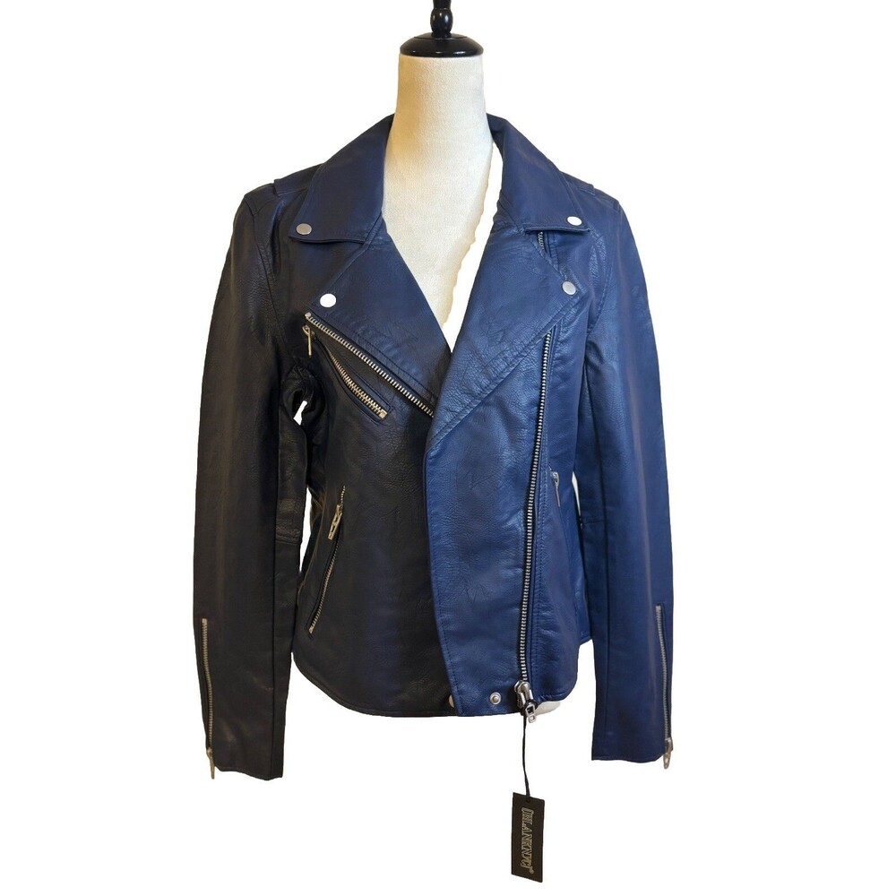 BlankNYC Womens Blue Vegan Leather Motorcycle Jacket Full Zip Size L NWT Biker